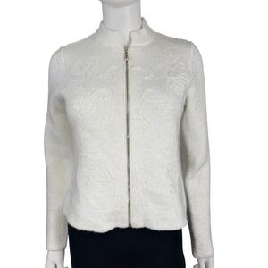 Tahari White Floral Knit Zip Jacket Fuzzy Textured Cropped Cardigan Sweater XS